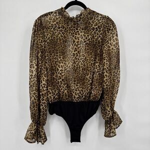 Missguided Leopard Print Bodysuit Thong Long Sleeve Open Back Women's Size 10